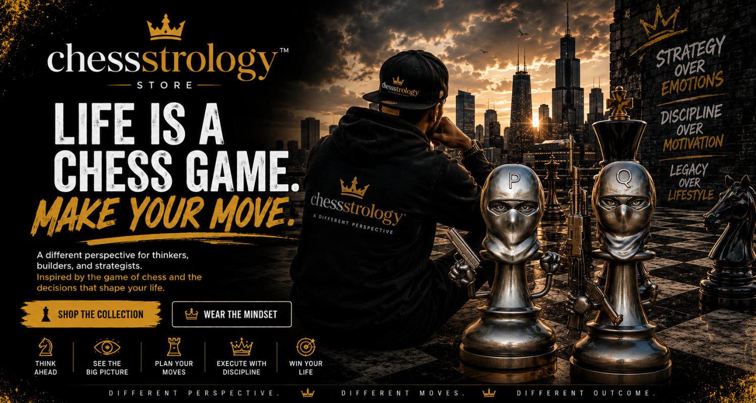Person sitting on a rooftop with chess-themed decor and Chessstrology branding.